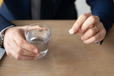 man holding pill and glass of water